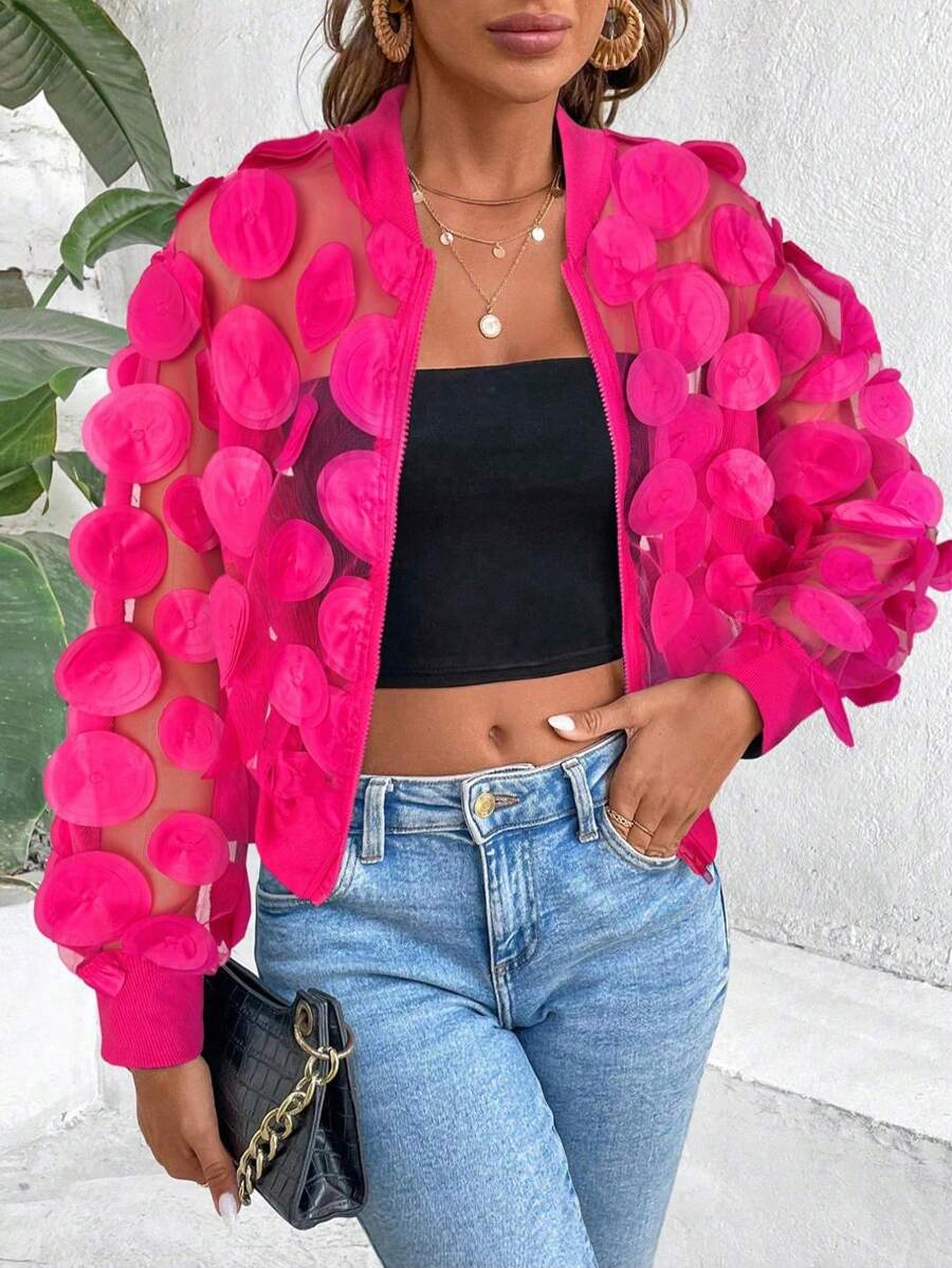 SHEIN LUNE Áo khoác tay dài lưới trong suốt màu trơn - Màu Hồng Tươi - Xem 1