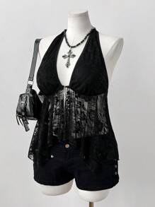 Sunspun Top de tirantes finos asimétrico con encaje calado y diseño de araña transparente, estilo casual retro punk para mujer talla grande, primavera/verano