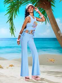 Winx Club X ROMWE Women 2pcs/Set Cartoon Graphic Round Neck Knot Crop Top And Pants Set