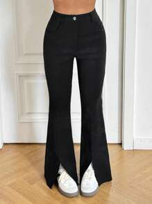 SHEIN EZwear 女式休闲百搭口袋喇叭下摆及踝长裤 - 黑色 - 查看 4