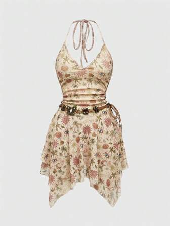 Kawaii Abito in rete stile hippie vacanziero con motivi di palme, sole, luna e stelle
