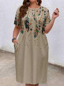 EMERY ROSE Plus Size Gold Sequin Feather Print Dress Boho Suitable For Going Out Chic Dress,Spring/Summer/Vacation - Apricot - View 4