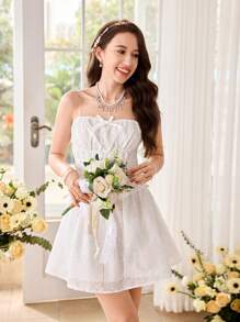 SHEIN 少女白色抹胸蝴蝶结连衣裙，春夏款式，适合度假、节日、午餐、音乐节等场合。 - 白色 - 查看 3