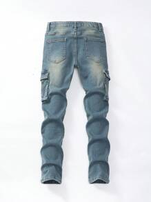 Tween Boy Casual Elastic Waist Multi-Pocket Patchwork Distressed Denim Jeans