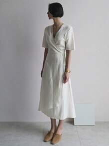 DAZY 女士短袖束腰简约中长通勤连衣裙亚麻太阳裙 - 白色 - 查看 4