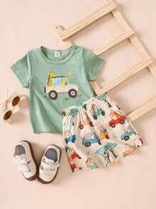 SHEIN Playful Pals 2件套男婴可爱卡通动物汽车印花短袖上衣和短裤套装，适合春夏外出和日常穿着 - 彩色 - 查看 3