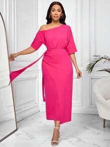 SHEIN Clasi Women's Solid Color Patchwork Ribbon Elegant Asymmetric Shoulder Long Dress - Hot Pink - View 1