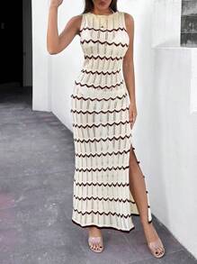 SHEIN Tall Vestido largo envolvente tipo body con rayas burdeos para mujer, ropa de playa