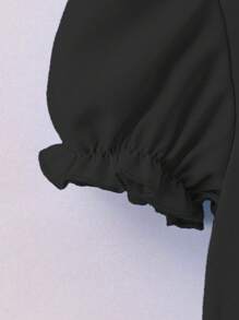 SHEIN 年轻女孩夏季休闲纯色泡泡袖衬衫 - 黑色 - 查看 5