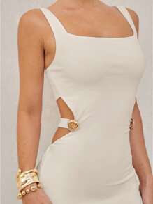 Lumalex Vestido apretado con escote cuadrado, cintura hueca y decoración de metal para mujer, para ocasiones como el Día de San Valentín, Pascua, boda, compromiso, ceremonia de mayoría de edad