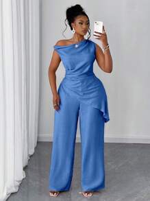Maweii 2pcs Women Casual Asymmetric Collar Solid Color Top And Pants Set - Blue - View 1
