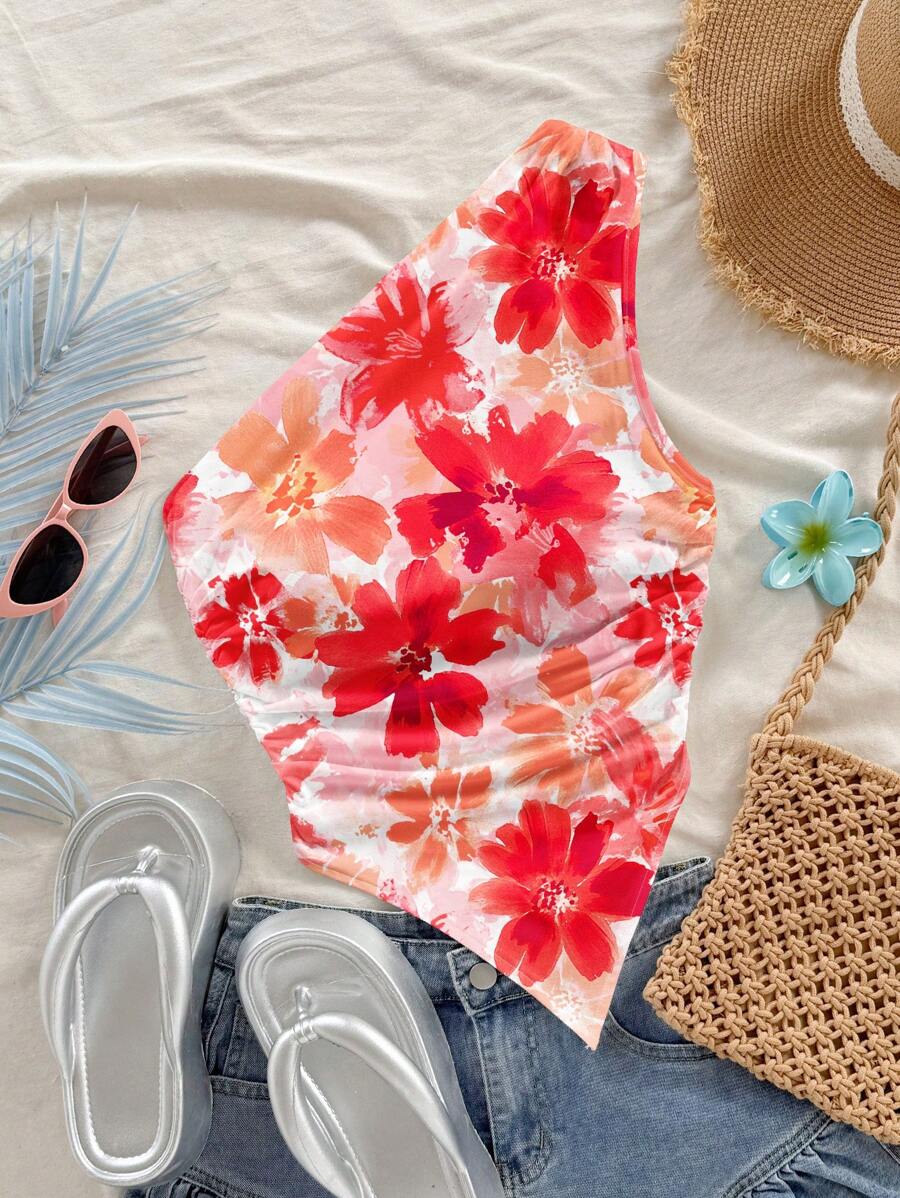 Soleia 女士休闲度假红色花朵印花褶皱不对称下摆无袖短款上衣，适合夏季，适合度假 - 彩色 - 查看 1