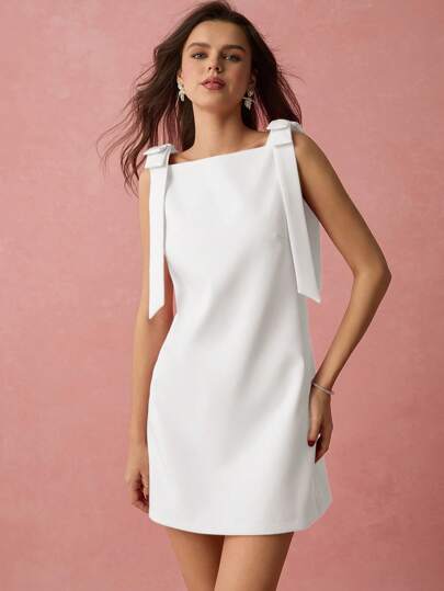 Enchnt 女士优雅纯色蝴蝶结装饰无袖迷你连衣裙