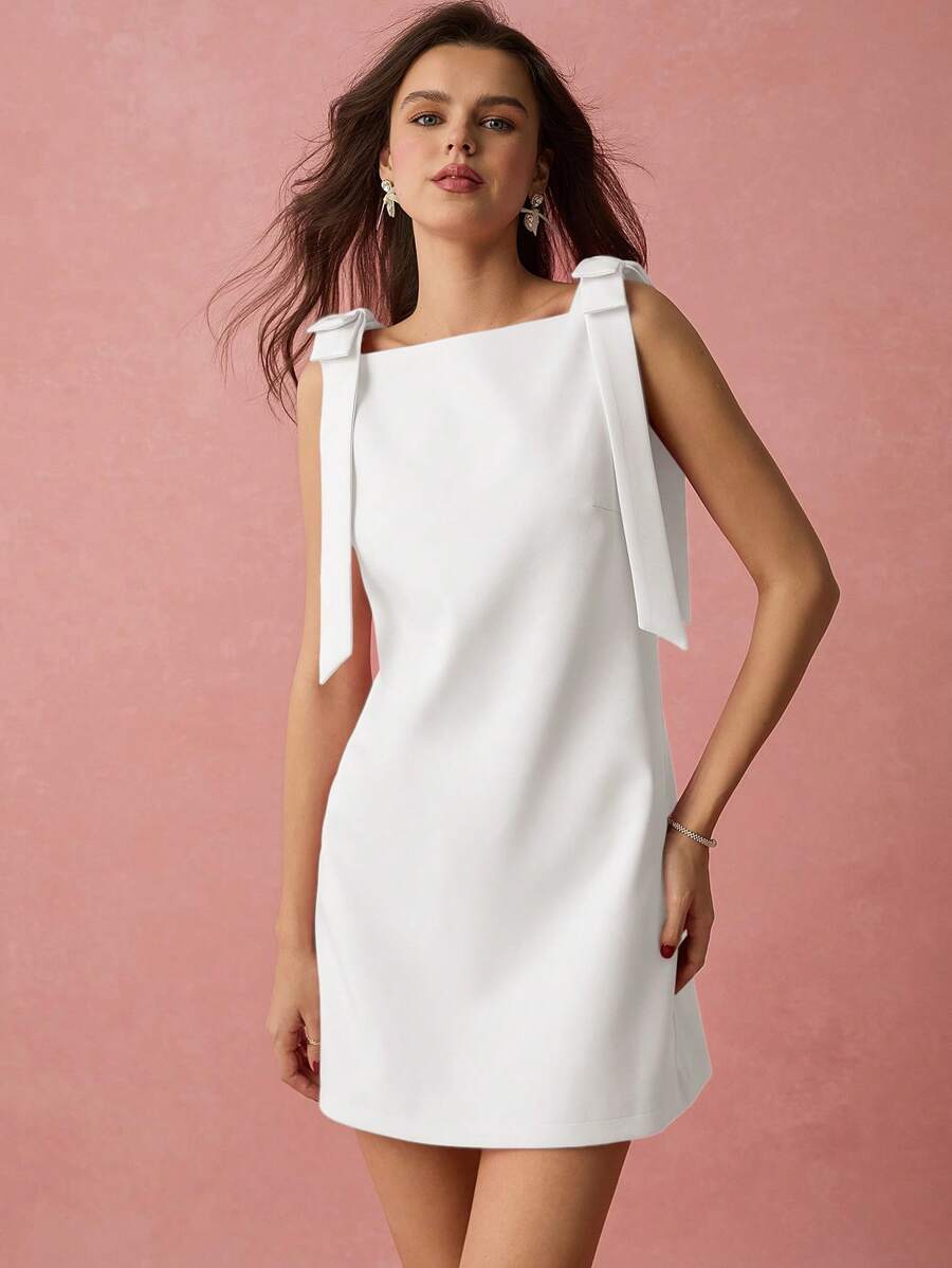 Enchnt Women Elegant Solid Color Bow Decor Sleeveless Mini Dress,Business Casual Woman Easter Dress Women Graduation Dress - White - View 1