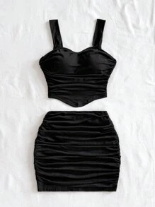 Soleia 2 件性感心形领口修身吊带背心和裙子套装，适合约会和情人节 - 黑色 - 查看 5