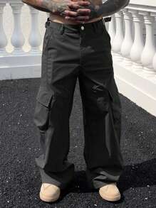 Manfinity LEGND 男士美式直筒宽松纯色多口袋休闲工装裤，修身，工装裤，情人节黑色裤子，秋季