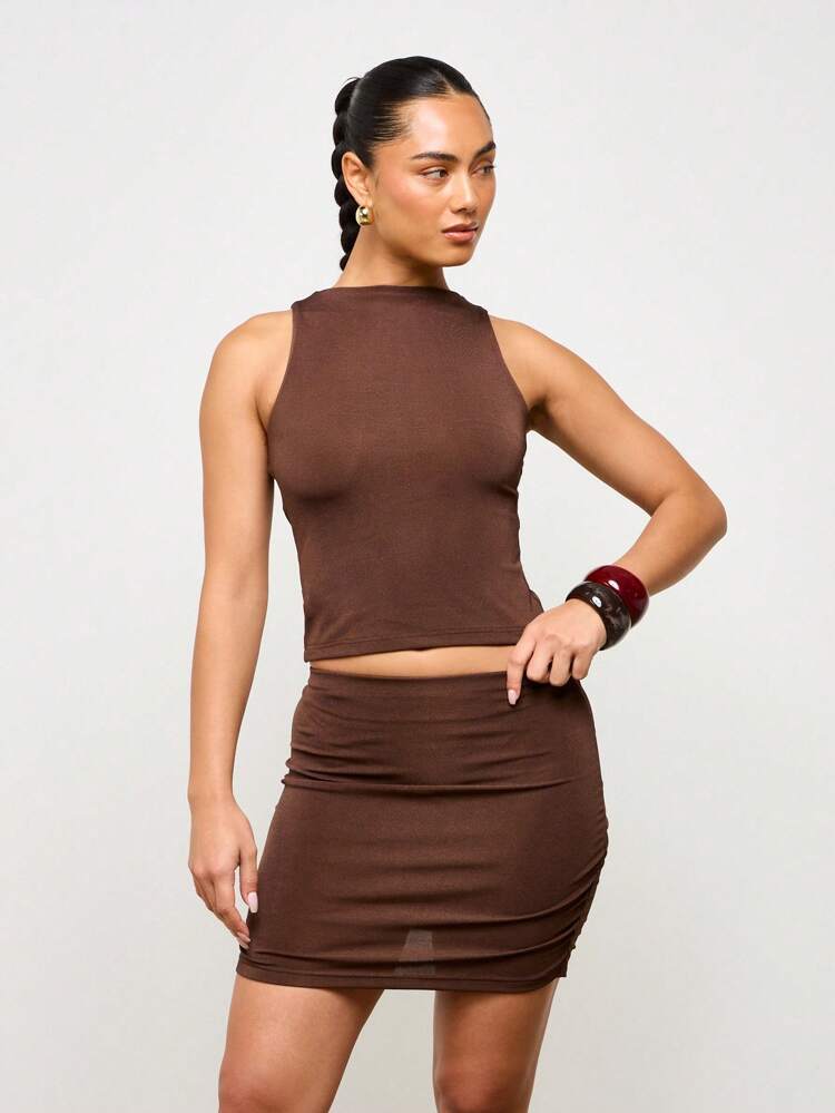 셔링 바디콘 투피스 하이넥 크롭탑 미니스커트 세트