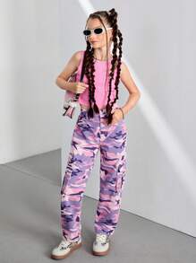 SHEIN Tween Girl Y2K Streetwear Cool Camouflage Print Flat Pockets Elastic Waist Cargo Slim Fit Jeans