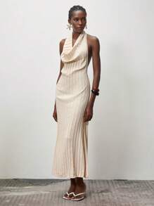 Lumivelle Vestido de mujer fruncido sin espalda con cordón a la cintura, Vestido largo de mujer de cuello de capucha en beige