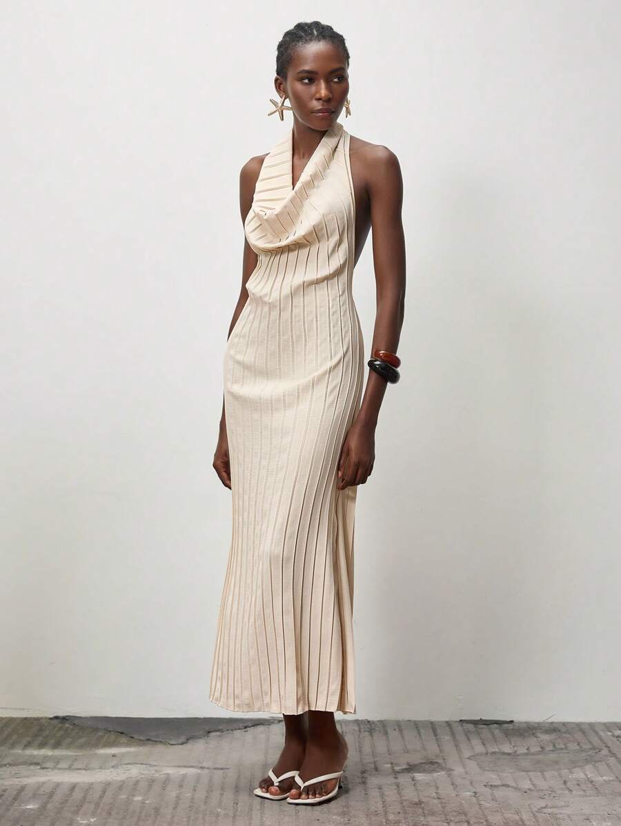 Lumivelle 女士褶皱露背系腰连衣裙 女士米色围脖领长裙 - 卡其色 - 查看 1