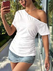 SHEIN EZwear White Asymmetric Neck Ruffle Summer Short Sleeve Top