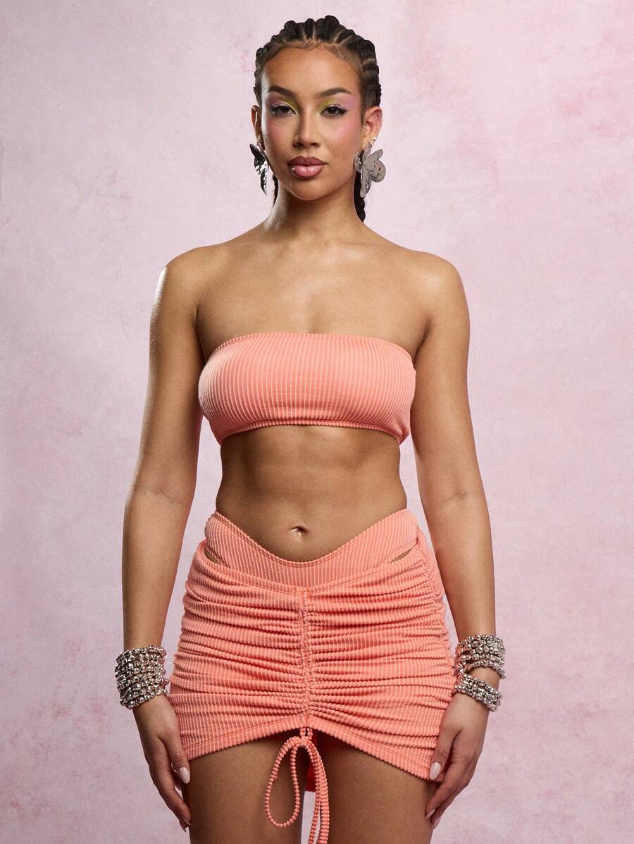 SUMWON WOMEN Ruched Drawstring Beach Skirt Mini Cover Up Swimsuit Bottom Ribbed Crinkle Jersey Summer Vacation Poolside Resort Wear Adjustable Length Sarong - Orange - View 1