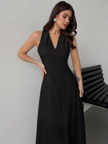 Firerie Vestido elegante y minimalista de mujer con escote en V, cintura ceñida y línea A de largo medio, apropiado para el uso diario - Negro - Ver 7