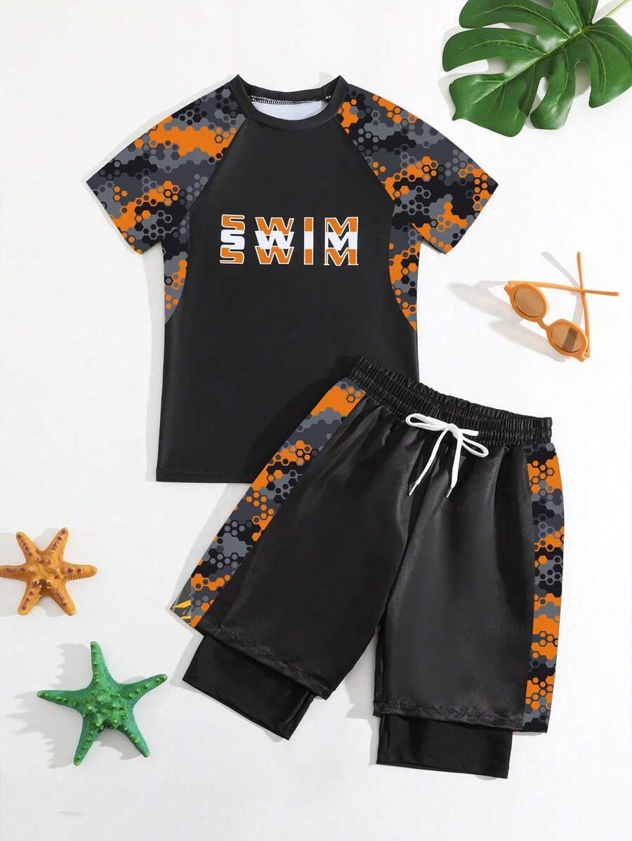 Tween Boy Letter Print Raglan Sleeve Swim Tee And Shorts Set, Printed - Multicolor - View 1