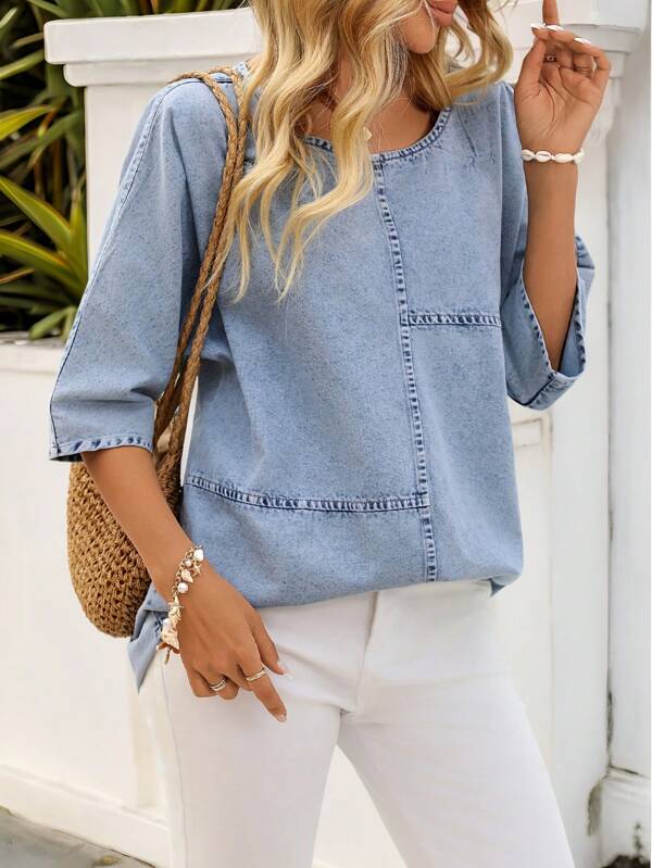 SHEIN Plus Size Women's Casual Denim Blouse, Summer