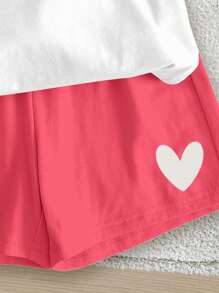 SHEIN 2pcs Set Young Girl Cute Heart Print Casual Short Sleeve Tee And Shorts, Pink, Summer