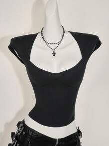 SHEIN ICON Sexy Sweetheart Neck Backless Basic Casual T-Shirt, Moisture Wicking & Breathable, Black,Rave Top - Black - View 5