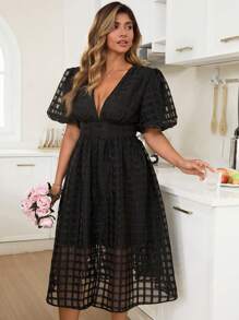KURAYIA Elegant Sheer Puff Sleeve Shirred Black Dress For Plus Size Women, Summer - Black - View 4