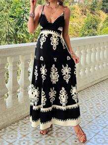 SHEIN Vacation Style Printed Maternity Dress With Spaghetti Straps - Black - View 3