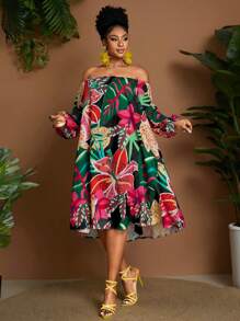 Maweii Abito con stampa tropicale, scollo a spalla, maniche a lanterna, stile casual da vacanza, taglie comode
