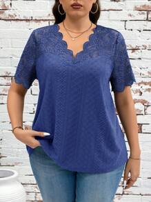 SHEIN Clasi Plus Size Casual Solid Color Lace Patchwork Short Sleeve T-Shirt - Blue - View 1
