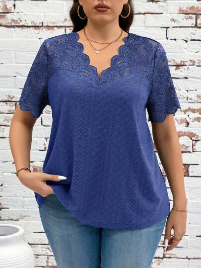 SHEIN Clasi Plus Size Casual Enfärgad spets Patchwork kortärmad T-shirt