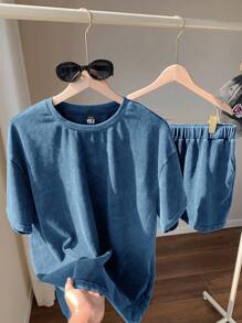 Comfortcana Conjunto de 2 piezas talla grande: Camiseta de manga corta cuello redondo negra y pantalones cortos, ropa de primavera y verano