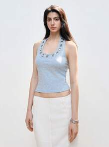 LYSMO Damen ärmelloses, perforiertes Trägertop mit figurbetonter Passform, Sommer