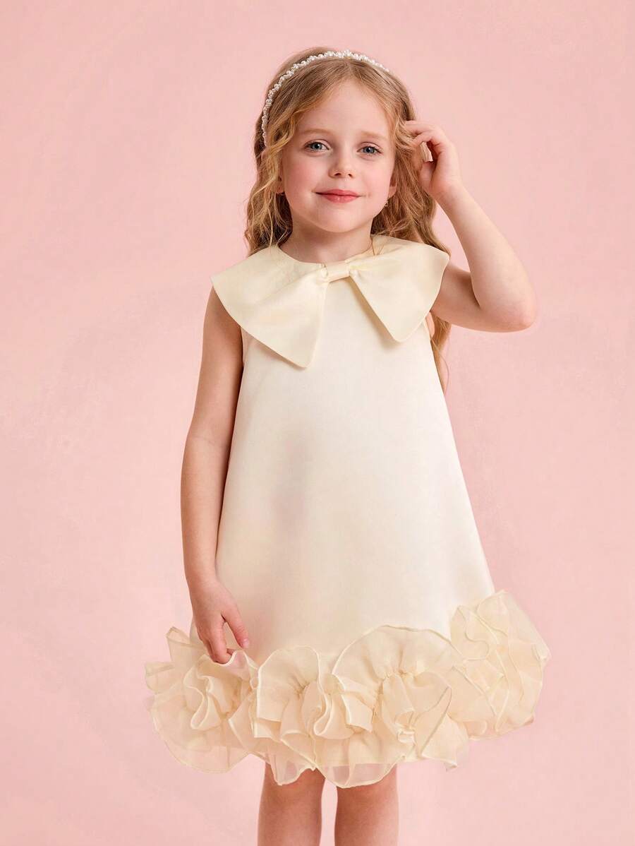 Abito elegante e carino da ragazza, in raso e organza con decorazione a fiocco, per l'estate - Albicocca - Visualizzare 1