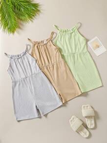 3 Pieces Set Young Girl Off Shoulder Jumpsuit,Casual Solid Color Romper,Summer,Elegant,Matching,Family Vacation,Holiday,Sage Green,Grey,Khaki,Party - Grey - View 1