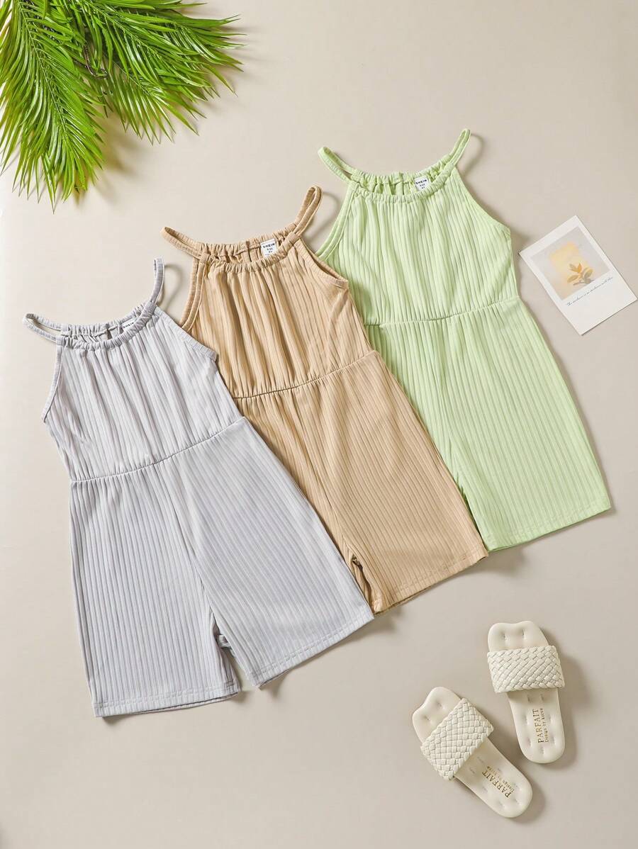 3 Pieces Set Young Girl Off Shoulder Jumpsuit,Casual Solid Color Romper,Summer,Elegant,Matching,Family Vacation,Holiday,Sage Green,Grey,Khaki,Party - Grey - View 1