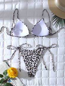 SHEIN Swim 女士豹纹圆点印花三角罩杯可调节肩带侧抽绳性感派对分体两件套泳衣 - 彩色 - 查看 3