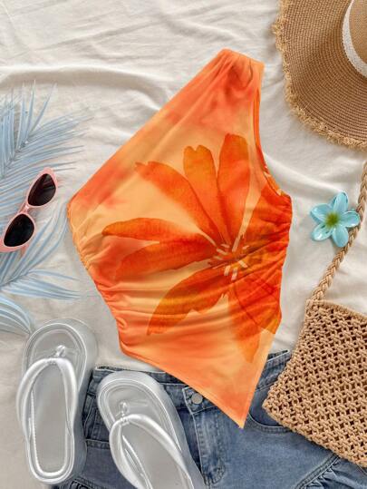 SHEIN WYWH Camiseta de tirantes casual de verano con ajuste entallado, fruncido y bajo asimétrico, estampado floral naranja grande, talla grande