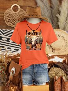 SHEIN LUNE Plus Size Western Bull Head T-Shirt, Women's Vintage 'DESERT WILD WEST' Slogan Graphic Tee Short Sleeve Top - Orange - View 3