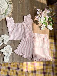 Top De Rayas Para Niña Con Detalles De Volantes Y Pantaloncitos Con Dobladillos De Volantes