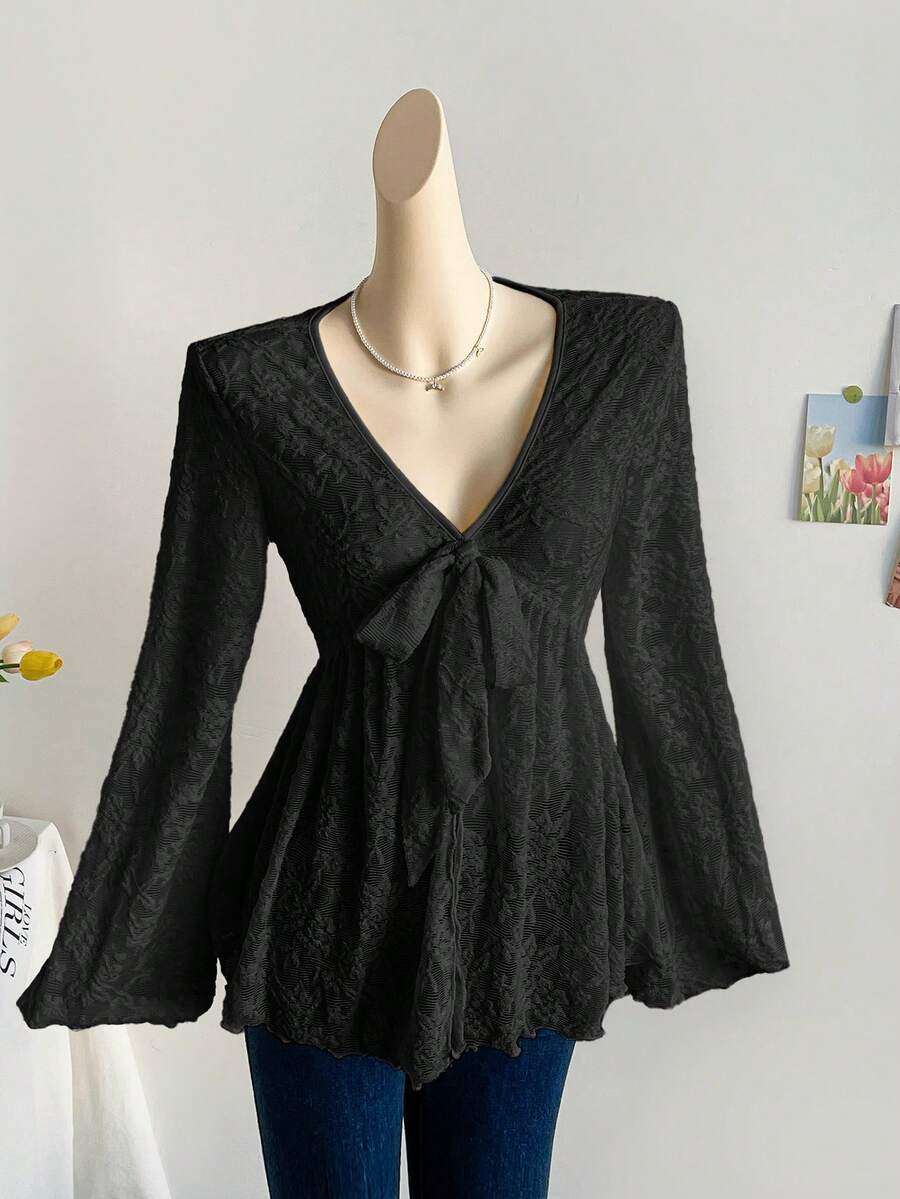 Soleia Women's Vacation Lace Blouse With Front Tie And Bell Sleeves - Black - View 1