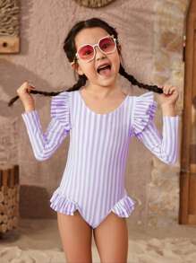 Young Girl Striped Ruffle One-Piece Swimsuit, Vacation/Beach - Purple - View 1