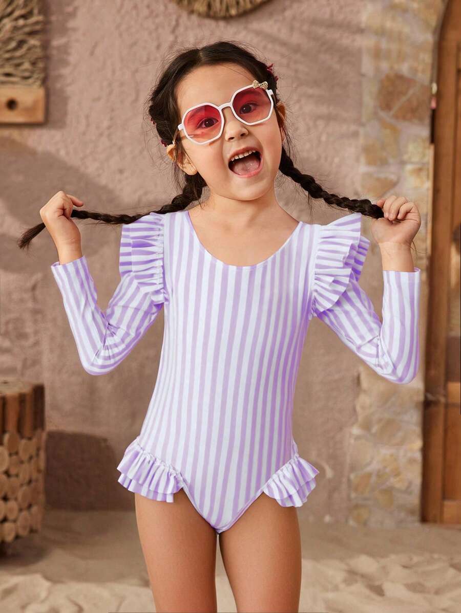 Young Girl Striped Ruffle One-Piece Swimsuit, Vacation/Beach - Purple - View 1