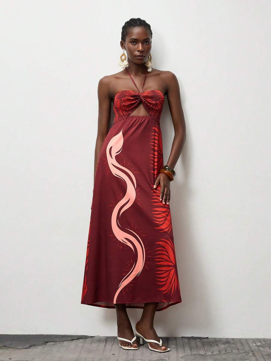 Lumivelle Women's Elegant Floral Print Beach Dress - Rust Brown - View 1