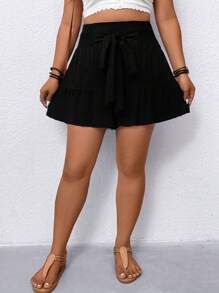 SHEIN LUNE 大码度假休闲纯色抽绳阔腿短裤